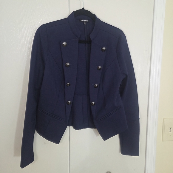 torrid womens navy blue military ponte knit blazer jacket open front sz 00 small - Picture 1 of 7